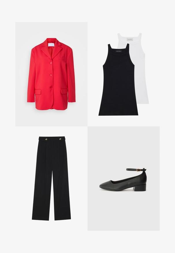 Red blazer made of smooth fabric, featuring a classic collar, single breast pocket, two front pockets, and three-button closure.; Two sleeveless tops in black and white. Made of soft, stretchy fabric with a ribbed texture and a fitted design. Features narrow straps.; Black wide-leg trousers with high waist, button details on waistband, and front pleats.; Black leather pump with a pointed toe and a low block heel. Features an ankle strap with a gold-tone buckle. Smooth texture.