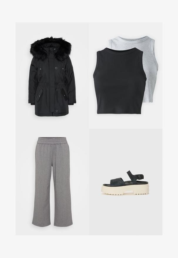 ONLY Petite ONLIRIS - Winter coat - black; Even&Odd Petite 2 PACK - Top - light grey/black; Gray, wide-leg trousers made from a textured fabric with an elastic waistband. Features a subtle pattern without pockets or closures.; Black suede platform sandals with a chunky white sole, wide front strap, and adjustable ankle buckle. Textured outsole for grip.