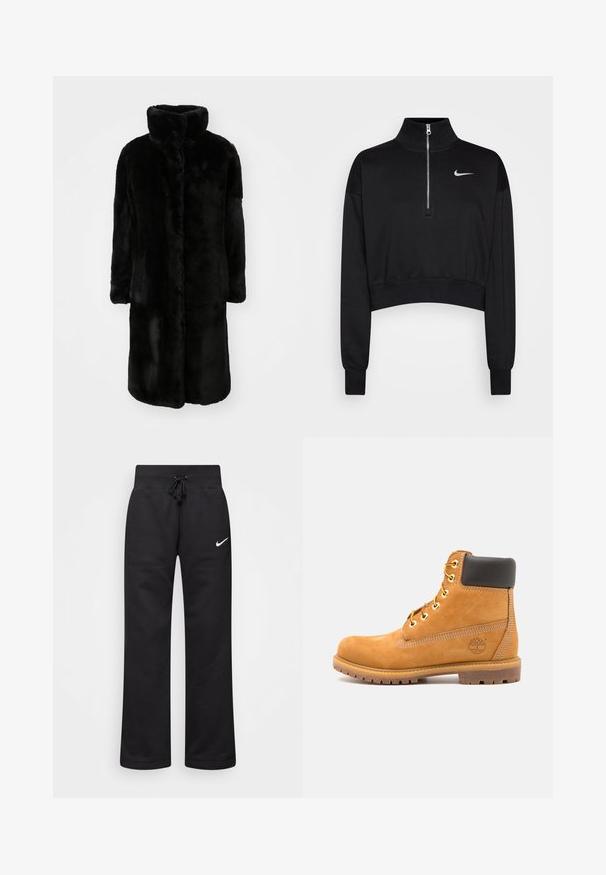 BOSS CETEDIA - Cappotto invernale - black; Felpa nera corta con colletto alto, chiusura a mezzo zip, polsini a coste e un piccolo logo Nike bianco sul petto sinistro. Tessuto morbido.; Pantaloni sportivi neri realizzati in misto cotone, con vita elasticizzata regolabile, gambe dritte e logo bianco Nike sul lato sinistro.; Stivale alla caviglia in pelle marrone con imbottitura nera, occhielli dorati e suola texturizzata. Presenta un logo circolare su un lato e dettagli di cucitura.