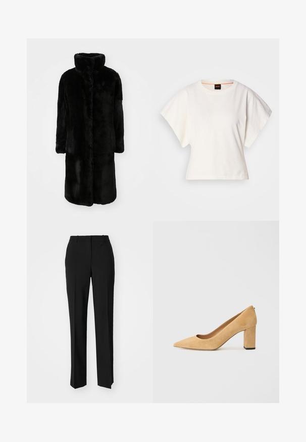 BOSS CETEDIA - Geacă - black; Tricou alb scurt, cu mâneci scurte și largi, din bumbac moale, cu decolteu rotund și un finisaj subtil portocaliu, design minimalist, fără modele sau grafice.; Pantaloni negri tailor-ed cu un design drept, având o textură fină și cute clare pe față. Fără elemente de prindere vizibile.; Pantofii cu toc înalt din suede bej au vârful ascuțit și un toc gros. Materialul are o textură moale și o finisare netedă.