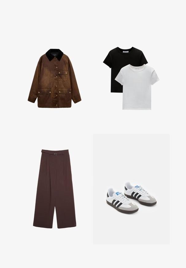 Brun vaxad bomulljacka med svart kordflöjelskrage, framknappar och tre fickor med klaff och tryckknappar.; Två crew-neck t-shirts i svart och vitt, tillverkade av bomull. De har korta ärmar och ett enfärgat mönster utan mönster eller accentuerade detaljer.; Stradivarius WIDE-LEG WITH BUCKLE DETAIL - Tygbyxor - dark brown; Sportskor med överdel i vit läder, grå mocka på tårna och tre svarta ränder. Har en blå logotyp på tungan och en texturerad gummisula.