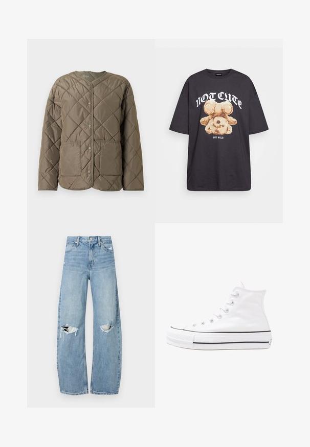 Quilted, olive green puffer jacket featuring a round neckline, front snap closures, and two large patch pockets at the front.; Black oversized t-shirt featuring a graphic of a bear with the text “NOT CUTE BUT WILD” in bold, white lettering. Cotton material.; Light blue, high-waisted jeans made of denim. Feature wide legs, two torn knee areas, and classic five-pocket styling.; White high-top canvas sneaker with black rubber sole, front rubber toe cap, and six eyelets for laces, featuring a clean, minimalist design.