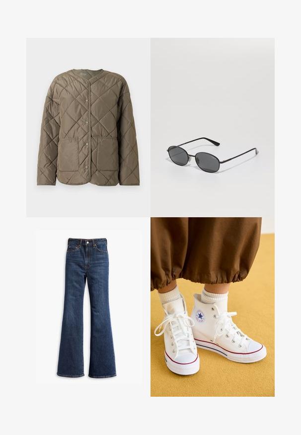 Jachetă puffer matlasată, de culoare verde măslin, cu guler rotund, închidere cu capse pe față și două buzunare mari aplicate în față.; Tricou alb cu mânecă scurtă, fabricat din bumbac, cu guler rotund și o croială lejeră, fără modele sau grafice vizibile.; Jeans din denim dark blue, cu talie înaltă, picioare evazate, închidere cu buton și fermoar în față, și design cu cinci buzunare.; Adidași înalți din pânză albă, cu talpă din cauciuc, având gromete argintii, o margine roșie și albastră și un logo circular pe gleznă.; Ochelari de soare ovali negri cu lentile întunecate, cadru subțire din metal și brațe drepte. Prezintă logo-ul mărcii pe brațul interior și suporturi pentru nas.; The North Face PACK UNISEX - Borsetă - black/asphalt grey