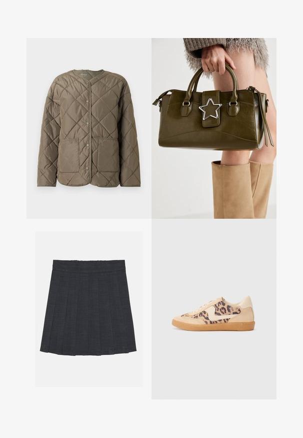 Pikowana, oliwkowa kurtka puchowa z okrągłym dekoltem, z przodu zapinana na napy oraz z dwiema dużymi kieszeniami naszytymi z przodu.; Szara bawełniana koszulka z klasycznym okrągłym dekoltem, krótkimi rękawami i gładką fakturą, odpowiednia do codziennego noszenia.; Ciemnoszara spódnica plisowana z elastycznym pasem, wykonana z fakturowanej tkaniny, o klasycznym kroju A. Idealna do codziennych stylizacji.; Sneakers w panterkowym wzorze, z beżową zamszową cholewką, brązową gumową podeszwą i białymi akcentami. Okrągły czubek i sznurowany fason z fakturowym wykończeniem.; Oliwkowa torebka z ekoskóry z srebrnym akcentem w kształcie gwiazdy, podwójnymi uchwytami i zapięciem na zamek. Teksturowana powierzchnia i wyraźnie zarysowany kształt.