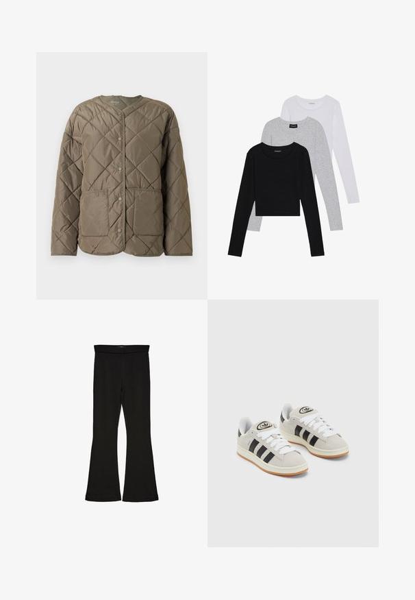 Käpärdunud, oliivroheline pufferi jakk, millel on ümmargune kaelus, ees nupud ja kaks suurt patšokotti ees.; Kolm pikkade varrukatega toppi, mis on üksteise peale asetatud: must, hall ja valge. Igal ühel on ümar kaelus ja lühike disain, valmistatud siledast, kergekaalulisest kangast.; Mustad mustad sääred, mis on valmistatud venivast kangast. Omab laia vööd ja siledat tekstuuri, sobituv siluett, mis laieneb allservas.; Hallid hallid nahkrennid valgete paeltega, mustade triipudega ja valge kummitaldiga. Omab ümmargust logo keeles ja kummitalda.