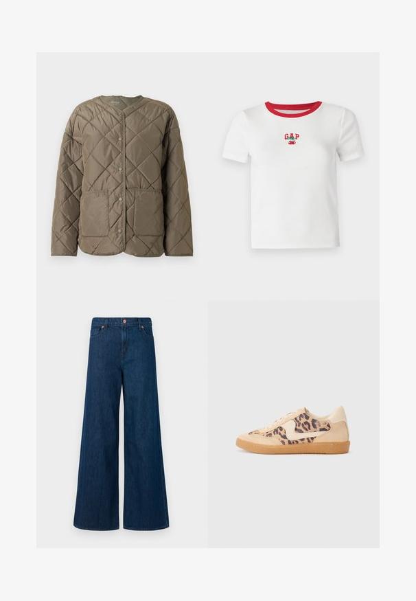 Jachetă puffer matlasată, de culoare verde măslin, cu guler rotund, închidere cu capse pe față și două buzunare mari aplicate în față.; Tricou alb cu mânecă scurtă, cu guler roșu cord, având brodat textul "GAP" și un design cu cireșe pe față. Fabricat din material cu dungi.; Jeans din denim, cu picioare largi, de culoare albastră, cu închidere frontală cu buton, bucle pentru curea și design cu cinci buzunare, pe un fundal alb.; Tenisi cu imprimeu de leopard, cu partea superioară din suede bej, talpă din cauciuc maro și accente albe. Vârf rotund și design cu șireturi, cu un finisaj texturat.