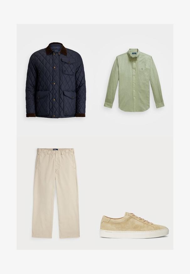 Tamsiai mėlynas pūstas švarkas su rudomis velveteen apykaklėmis, užsegamomis mygtukais, keturiomis priekine kišenėmis ir banguotais rankogaliais. Pasižymi rombų rašto dizainu.; Šviesiai žalia ilgos rankovės marškiniai su mygtukais, turintys smailų apykaklę, mažą siuvinėtą logotipą ant krūtinės ir perliuko mygtukus.; Bežiniai medvilniniai chino kelnės su tiesiu sijonu, su segtuku ir dviem priekinėmis kišenėmis. Lygi tekstūra ir vienodai spalva.; Kreminiai zomšiniai sportbačiai su žemu profiliu, apvaliu pirštu ir kreminėmis raištelėmis. Yra balta guma padanga ir subtilus logotipas šone.