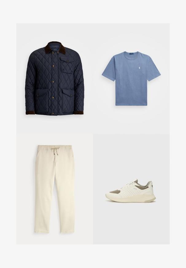 Granatowa pikowana kurtka z brązowym kołnierzem z kordurowej tkaniny, zatrzaskami, czterema przednimi kieszeniami i ściągaczami przy mankietach. Posiada wzór w romby.; Niebieska bawełniana koszulka z krótkim rękawem, okrągłym dekoltem i białym haftowanym logo na lewej piersi. Gładka tekstura, swobodny fason.; Casualne spodnie w kolorze off-white z elastycznym pasem i sznurkiem, proste nogawki i boczne kieszenie na jednolitym tle.; Białe i jasnobeżowe sneakersy sportowe, z siateczkową cholewką, perforowanymi detalami oraz teksturowaną podeszwą śródstopia z brandingiem na pięcie.