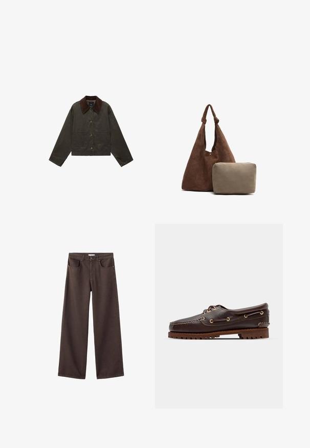 Olivgrön jacka med krage av brunt manchester, två framfickor och knappstängning. Tillverkad av slitstarkt material, med en kortad design.; Rutig flanellskjorta i marinblått, krämvitt och beige. Har en krage, knapprad i fram, långa ärmar och en enda bröstficka. Mjuk textur.; Breda denimbyxor i mörkbrun, med framfickor, standard midja och en klassisk fem-ficksdesign. Mjuk, hållbar textur.; Bruna lädersko med båtstil, guldögon, runda skosnören och en texturerad brun gummisula. Har sydda detaljer och en upphöjd logotyp.; Brun mocka axelväska med ett knutet rem, som har en liten beige dragkedjeväska. Väskan har en mjuk textur och en enkel design.