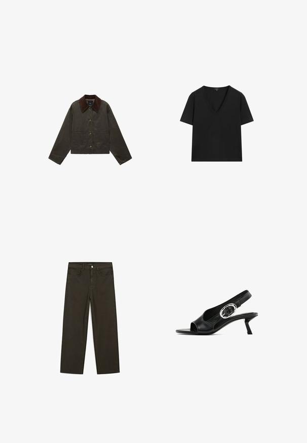 Olivenfarvet jakke med en brun kordfløjlskrave, to forlommer og knaplukning. Fremstillet af holdbart materiale og har et cropped design.; Sort kortærmet V-hals T-shirt med et simpelt, tætsiddende design på en hvid baggrund.; Mørkegrønne brede jeans lavet af en bomuldsblanding, med en frontlukning med knap, fem lommer og klassisk denim-syning.; Sorte lædersandal med åben tå, slank hæl og sølvspænde detaljer på remmen. Glat tekstur og strømlinet design.