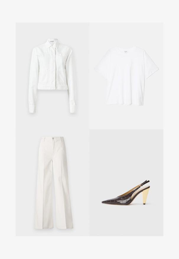 White cropped jacket made of cotton, featuring long sleeves, a collared neckline, two front pockets, and subtle stitching details.; White cotton t-shirt with short sleeves, round neckline, relaxed fit, and stitched hem. Label visible on the inside neck.; White wide-leg trousers made from cotton with a smooth texture. Features a front button, zipper fly, and four-pocket design.; Pointed-toe slingback heel in dark brown glossy faux crocodile leather. Features a gold-tone geometric heel and adjustable ankle strap.
