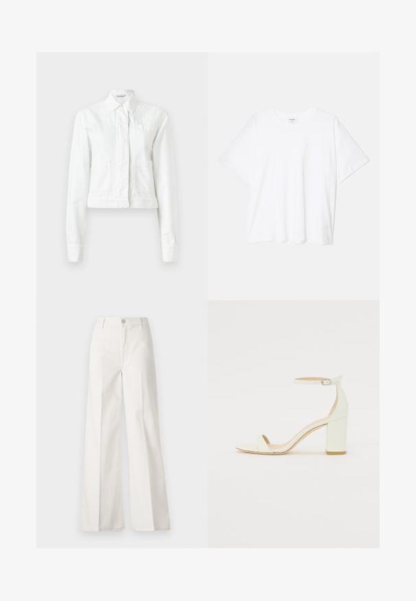 Giacca bianca cropped in cotone, con maniche lunghe, colletto, due tasche frontali e dettagli di cucitura sottili.; T-shirt bianco in cotone con maniche corte, scollo rotondo, vestibilità comoda e orlo cucito. Etichetta visibile all'interno del colletto.; Pantaloni bianchi a gamba larga realizzati in cotone con una texture liscia. Presentano un bottone anteriore, una zip e un design a quattro tasche.; Sandal con tacco cubano bianco in pelle, caratterizzata da una cinghia alla caviglia con fibbia e design minimalista. Punta aperta e texture liscia in tutto il sandalo.