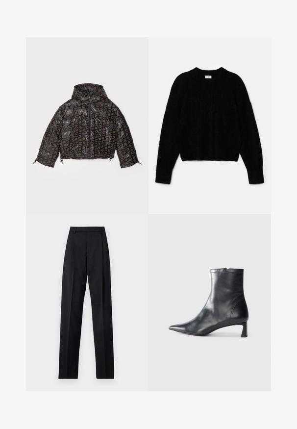 Stine Goya HOODED LONG SLEEVE PUFFER PADDED OUTERWEAR - Jachetă de iarnă - brown/black; Pulover scurt negru, confecționat dintr-un material pufos. Are un decolteu rotund și mâneci lungi cu o textură moale. Design minim, fără modele.; Pantaloni negri dintr-un material neted, cu talie înaltă, picioare largi, pliuri frontale și loop-uri clasice pentru curea. Fără buzunare laterale vizibile.; Cizmă de gleznă din piele neagră cu vârf ascuțit și un design elegant. Dispune de un toc mic și de o închidere cu fermoar la spate. Textură netedă.