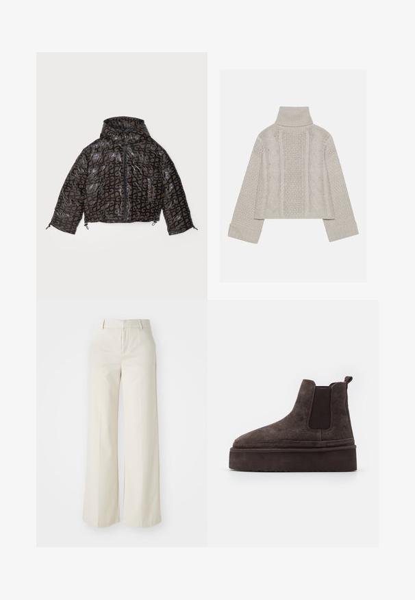 Stine Goya HOODED LONG SLEEVE PUFFER PADDED OUTERWEAR - Žieminė striukė - brown/black; Sumažintas šviesiai pilkas megztinis su aukštu apykakle ir rūdytomis rankovėmis, su tekstūriniais kabelių raštais nugaroje ir šonuose.; Pločios kojos kelnės šviesiai bežinės spalvos, pagamintos iš lygaus audinio. Yra klasikinis juosmens dizainas ir lygūs priekiniai įsiuvai su švariomis linijomis.; Rudos gamtos nubuko Chelsea batai su elastingomis šoninėmis detalėmis ir storu, tekstūruotu platformos padu. Šiame modelyje yra kilpos elementas kulne, kuris palengvina apsiaustą.