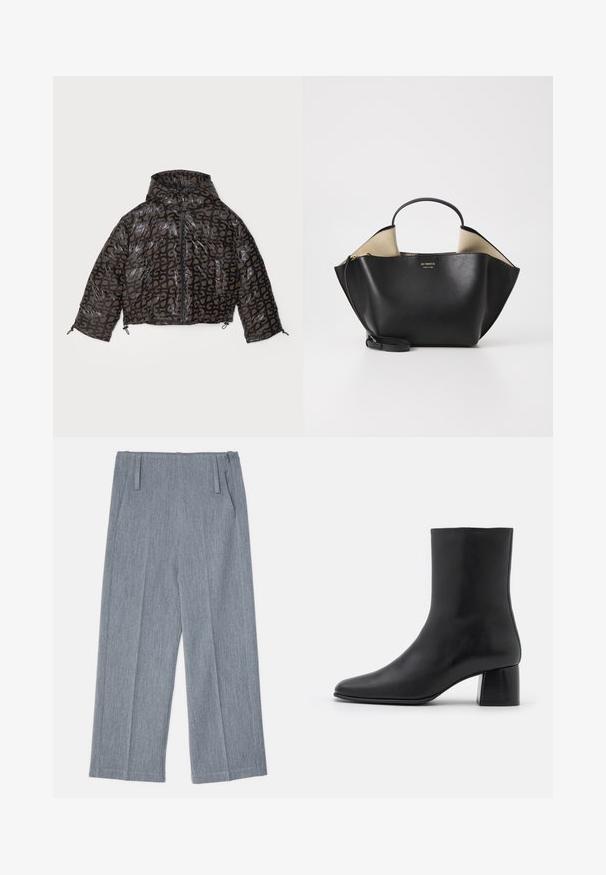 Stine Goya HOODED LONG SLEEVE PUFFER PADDED OUTERWEAR - Talvejope - brown/black; Must mustärg pikkade varrukatega topp, mis on valmistatud pehmest kangast. Topil on ümar kaelus ja lõdvem lõige, mille ääres on külgedel lõiked, et liikuda mugavalt.; Heledad hallid, laiad püksid, mis on valmistatud tekstureeritud kangast, sisaldavad kahte esitaalust ja kahte küljetaskut. Puhtne, kohandatud disain.; Must musta ankle boot terava nina ja turske ruudukujulise kontsaga. Sile tekstuur, sujuv disain ja minimaalne õmblus.; Ree Projects ANN TOTE MINI - Käekott - black