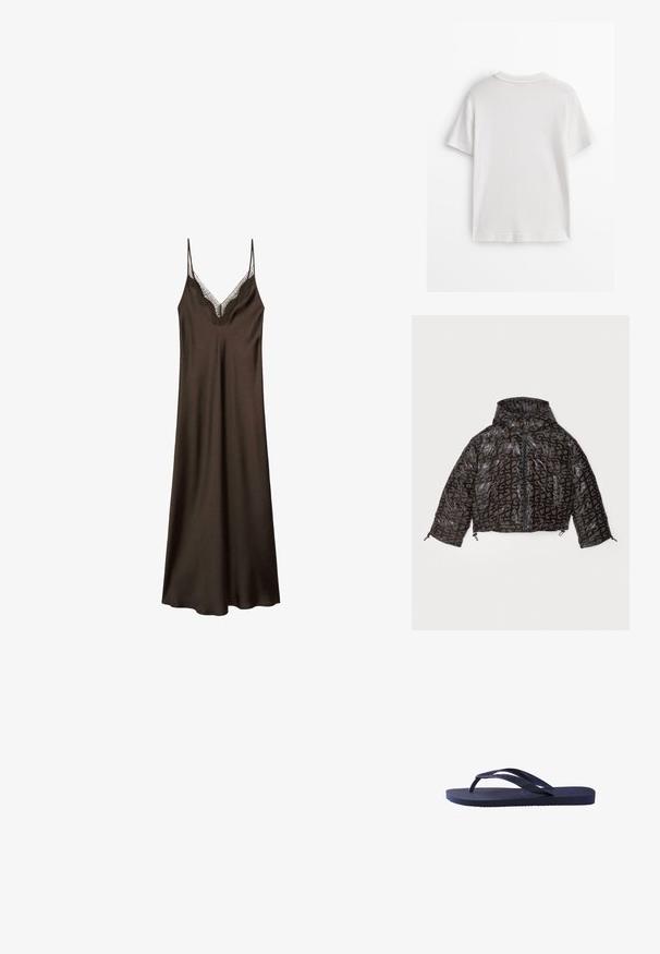 Stine Goya - Kurtka zimowa; Biała bawełniana koszulka z krótkim rękawem, okrągłym dekoltem i gładką fakturą. Tył jest gładki, bez dodatkowych wzorów czy zdobień.; Brązowa satynowa sukienka na ramiączkach z koronkowym detalem przy dekolcie, cienkimi regulowanymi ramiączkami oraz luźnym krojem, charakteryzująca się gładką, miękką strukturą.; Granatowe klapki z teksturowanymi paskami i podeszwą z gumy, z falistym wzorem na paskach oraz płaską, żłobioną wkładką.