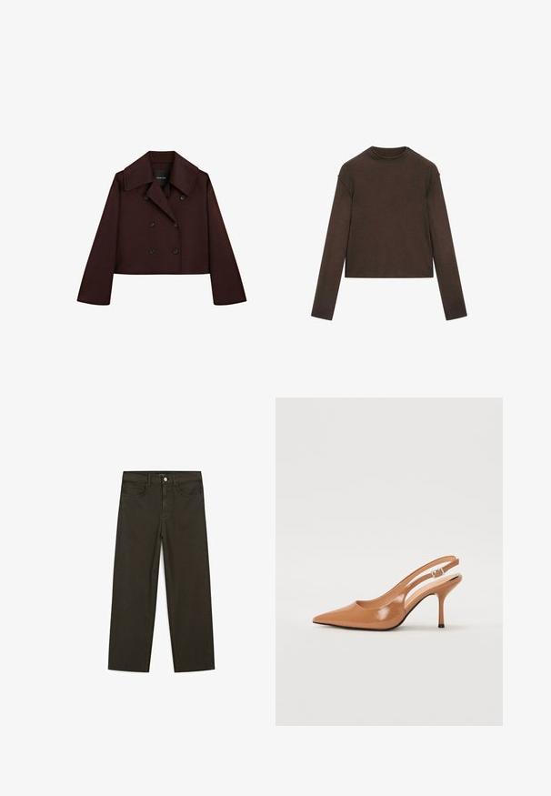 Ciemnobrązowy krótki płaszcz dwurzędowy z szerokim kołnierzem i długimi rękawami, zapinany na guziki, z tkaniny przypominającej wełnę.; Ciemnobrązowy sweter z długim rękawem i okrągłym dekoltem, o lekko skróconym kroju i prostym, bezszwowym designie.; Ciemnozielone spodnie dżinsowe typu wide-leg wykonane z mieszanki bawełny, z zamkiem na guzik z przodu, pięcioma kieszeniami i klasycznym przeszyciem dżinsowym.; Sandały na obcasie z kwadratowym noskiem, wykonane z gładkiego, błyszczącego materiału w kolorze brązowym. Charakteryzują się zaokrąglonym wycięciem i smukłym obcasem typu stiletto. Detal w postaci srebrnej klamry.