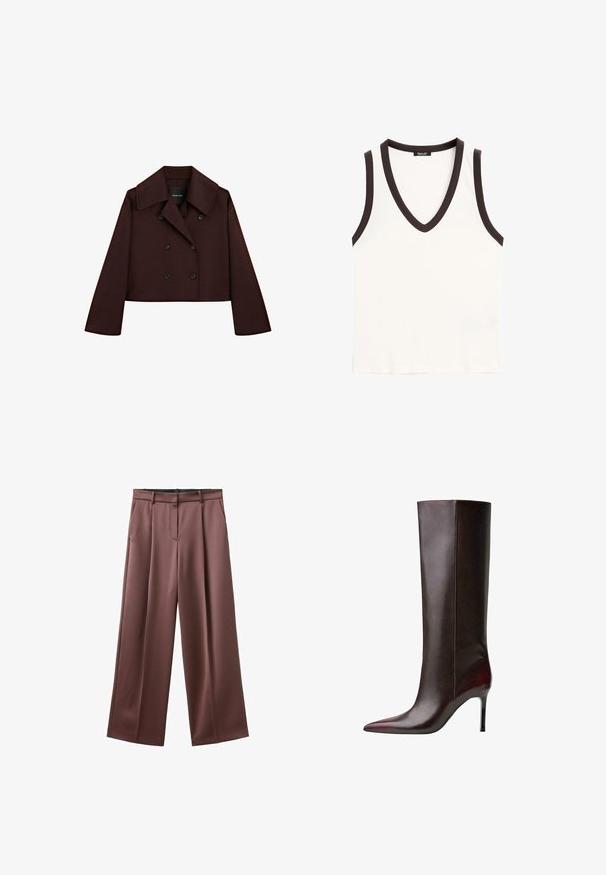 Mörkbrun kort dubbelknäppt kappa med bred krage och långa ärmar, knäppt fram, tyg som liknar ull.; Ärmlös vit linne med djup V-ringning och mörkbrun kant runt halsringningen och armhålen.; Breda byxor i mörkbrun tyg med en slät yta, med framveck och sidofickor. Skräddarsydd midja utan synlig hårdvara.; Bruna läderknähöga stövlar med en spetsig tådesign, slät textur och stilettklack. Sömmar längs sidan.
