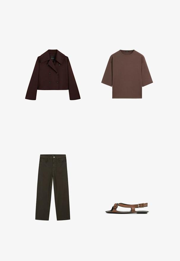 Dunkelbrauner, taillierter, doppelt gebrochener Mantel mit weitem Kragen und langen Ärmeln, knöpfbare Vorderseite, stoffähnliches Wollmaterial.; Braunes, kurzes T-Shirt mit rundem Halsausschnitt, kurzen Ärmeln und einer weichen Textur. Entworfen mit einem lässigen Schnitt und minimalen Details.; Dunkelgrüne Jeans im weit geschnittenen Style, hergestellt aus einem Baumwollgemisch. Sie verfügen über einen Frontknopfverschluss, fünf Taschen und klassische Denim-Nähte.; Braune Leder-Sandale mit offener Zehenpartie und seitlichen Ausschnitten. Sie verfügt über einen Knöchelriemen mit einer metallischen Schnalle und eine flache Sohle.