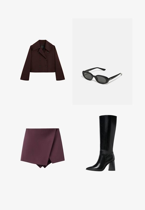 Ciemnobrązowy krótki płaszcz dwurzędowy z szerokim kołnierzem i długimi rękawami, zapinany na guziki, z tkaniny przypominającej wełnę.; Koszulka polo z krótkim rękawem w głębokim burgundowym kolorze, wykonana z teksturowanej tkaniny, z dekoltem w kształcie litery V, trzema guzikami oraz usztywnionym kołnierzykiem.; Ciemnofioletowa asymetryczna mini spódnica z zapinanym przodem i gładką teksturą materiału.; Czarne skórzane botki do kolan z wąskim noskiem, gładką teksturą oraz masywnym, żłobionym obcasem dla stabilności. Elegancki design z minimalnymi akcentami.; Czarne okulary przeciwsłoneczne z owalnymi soczewkami, błyszcząca plastikowa oprawa i smukłe zauszniki. Posiadają białe logo Ray-Ban po boku.