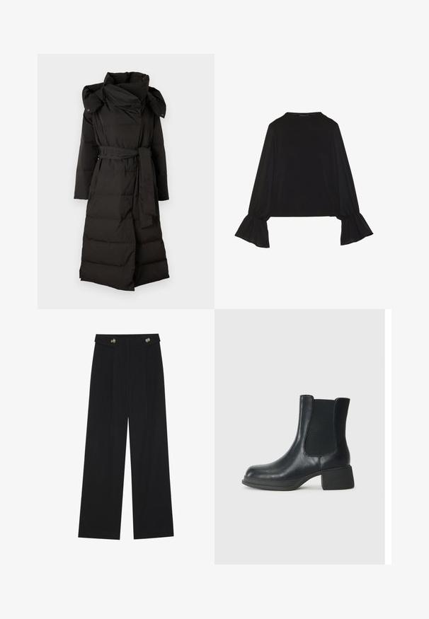 Copenhagen Muse MICCO HAT COAT - Pūkinis paltas - black; Juoda ilgomis rankovėmis palaidinė su išsiplėtusiais rankogaliais, minkšta tekstūra ir laisva forma, su paprastu apvaliu kaklu.; Juodi plačios kojos kelnės su aukštu liemeniu, sagų detalėmis ant liemens ir priekinėmis raukšlėmis.; Juodos odinės kulkšninių botai su elastingais šonais, suapvalintu bato pirštu ir žemu bloko kulnu. Paviršius yra lygus ir turi minimalų dekoravimą.