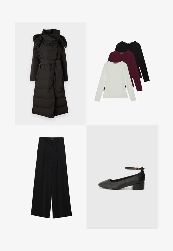 Copenhagen Muse MICCO HAT COAT - Dunkåpe / -frakk - black; Langermede t-skjorter i hvit, burgunder og svart. Laget av myk stoff med rund hals og tettsittende design. Egnet for lag-på-lag-styling.; Svart vide bukser med teksturert stoff, elastisk midje og avtagbart belte som gir justerbar passform.; Sorte skinnpumper med spiss tå og lav blokkhelt. Har ankelrem med gullfarget spenne. Glatt tekstur.