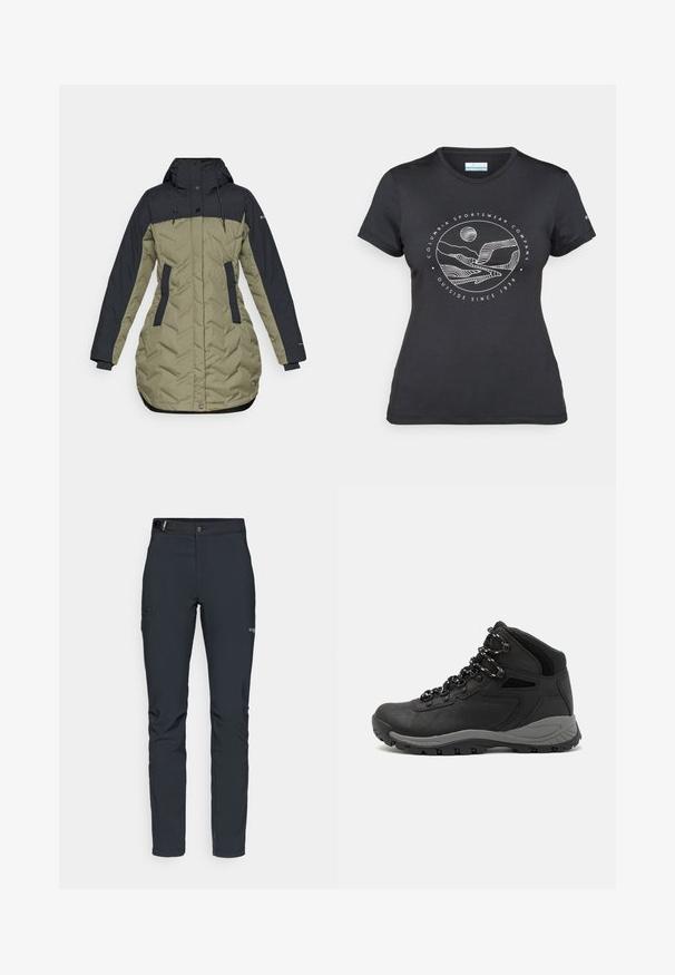 Pufjakas ar tumši zilu augšu un olīvu zaļo apakšu, ar rāvējslēdzēju, sānu kabatām un kapuces aukliņu detaļām.; Melnā Columbia T-kreklā ar baltu apļa kalnu un upes kontūru mākslu, kā arī tekstu "Columbia Sportswear Company Outside Since 1938."; Vīriešu āra bikses, tumši pelēkā krāsā, izgatavotas no elastīga materiāla, ar jostu, kabatām ar rāvējslēdzēju un pastiprinātām šuvēm.; Melni pārgājienu zābaki ar vidēju augstumu, ar teksturētu augšdaļu, pelēkiem akcentiem un izturīgu gumijas zoli ar saķeres izvirzījumiem.