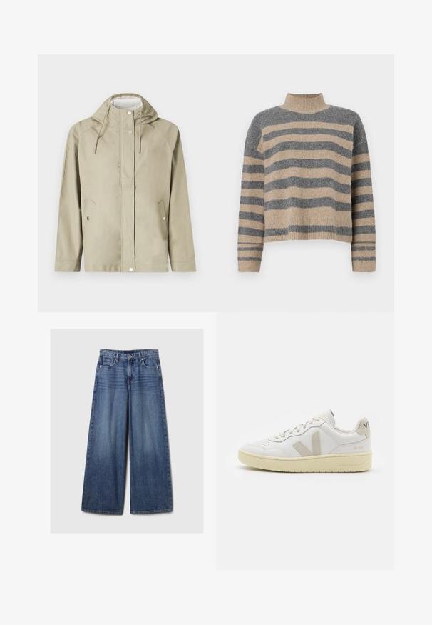 Svetlo bež vodoodporna jakna s kapuco, z gumbi na pritisek, dvema sprednjima žepoma in nastavljivimi vrvicami. Gladka tekstura, minimalističen dizajn.; Prajčast pulover z šivi v sivi in bež barvi, visokim ovratnikom, širokimi manšetami in sproščenim krojem s skrajšano zasnovo.; Široke jeans hlače iz modrega denima z bledečim finišem, z gumbom in zadrgo, petimi žepi in zanko za pas.; Bela usnjena tenisača z bež semiš poudarki, perforiranim prednjim delom, ravnimi vezalkami in strukturiranim kremnim podplatom. Ima diskretno blagovno znamko na peti.