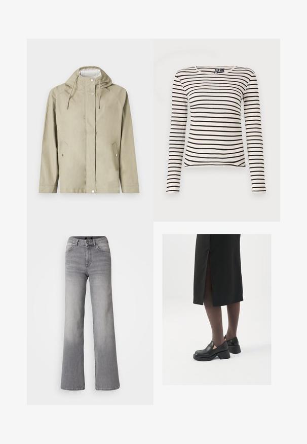 Jasno beżowa wodoodporna kurtka z kapturem, zatrzaskami, dwiema przednimi kieszeniami i regulowanymi sznurkami. Gładka struktura, minimalistyczny design.; Pasiasty, długi rękaw w kolorze kremowym i czarnym. Posiada teksturę ribbed oraz okrągły dekolt. Prosty dół z lekkimi bocznymi rozcięciami.; Szare dżinsy o prostym kroju i wysokim stanie, z przodu zapinane na guzik i zamek, z kieszeniami z przodu i z tyłu oraz z wyblakłym odcieniem na udach i łydkach.; Czarne skórzane buty z okrągłym noskiem, grubym blokowym obcasem i elastycznymi akcentami po bokach, zestawione z ciemnymi rajstopami i czarną spódnicą z rozcięciem.
