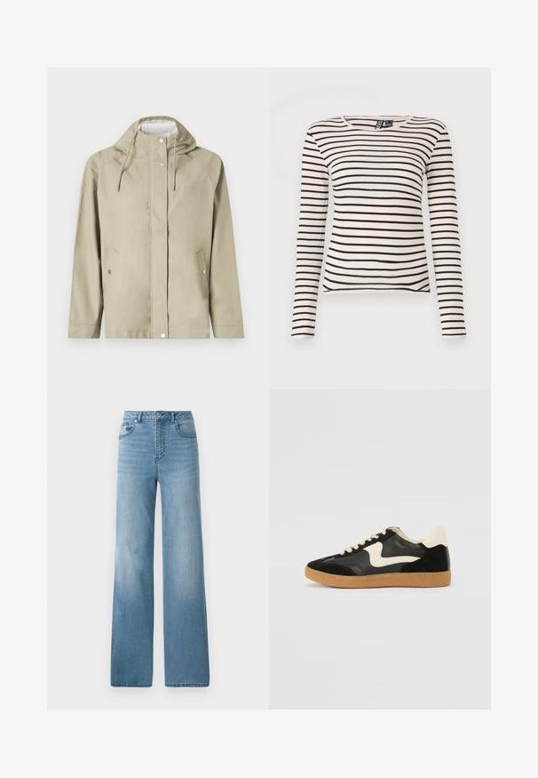 Veste imperméable beige clair avec capuche, boutons-pression, deux poches avant et cordons de serrage réglables. Texture lisse, design minimaliste.; T-shirt à manches longues rayé en crème et noir. Présente une texture côtelée et un col rond. Ourlet droit avec de légentes fentes sur les côtés.; Jean taille haute bleu clair avec une coupe droite. Fabriqué en denim, avec cinq poches et une fermeture à bouton.; Baskets en daim et cuir noir avec un swoosh latéral crème et un talon crème clair. Dotées de lacets beige et d'une semelle en caoutchouc gomme.