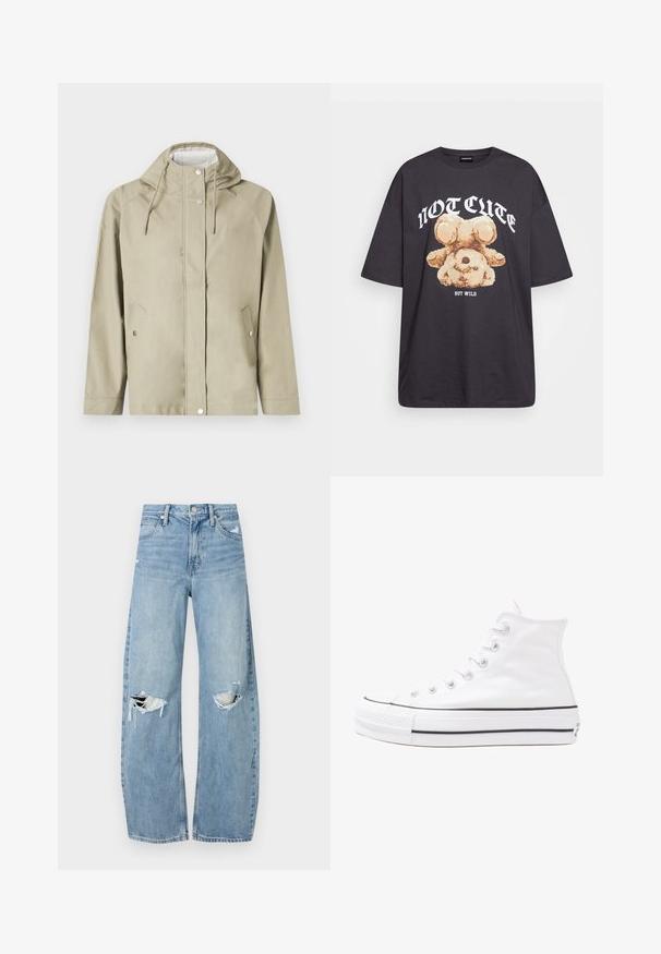 Helebeez vettetõrje jope, millel on kapuuts, nööbid, kaks esikotti ja reguleeritavad tõmblukud. Sujuv tekstuur, minimalistlik disain.; Musthave musta t-särk, millel on karu graafika ja tekst "EI NII NÄDALA, KUID MÄRG" paksult valgete tähtedega. Puuvillane materjal.; Heledad hallideega sinised teksad, millel on kõrge talje. Teksade jalgadel on lai alus, kaks rebitud kohta põlvede ümber ning klassikaline viie tasku stiil.; Valge kõrgem kangast tenniseking, millel on must kummist tald, ees kummist varvasetugi ja kuus aukku paelte jaoks, pakkudes puhta ja minimalistliku disaini.