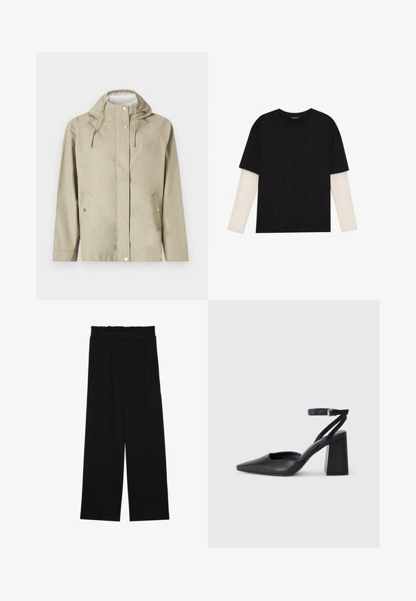 Light beige waterproof jacket with a hood, snap buttons, two front pockets, and adjustable drawstrings. Smooth texture, minimalist design.; Black T-shirt made of cotton, featuring short sleeves over a white long-sleeve layer with a subtle textured pattern. Crew neckline design.; Black wide-leg trousers with a ruffled waistband, featuring two side pockets and a smooth, lightweight fabric. No visible patterns or hardware.; Black leather pointy-toe pump with an ankle strap and a chunky heel. Flat texture, sleek design, and minimalistic aesthetics.