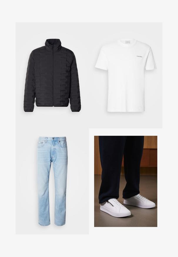 Sort pufferjakke med høj krave, der har et quiltet design og lynlåslukning foran. Glat, let materiale, ideelt til varme.; Hvid bomulds T-shirt med korte ærmer og rund halsudskæring. Har et lille sort "Calvin Klein" logo på venstre bryst.; Lyseblå denimjeans med lige ben, har slidte sektioner, fem lomme-design og en klassisk knapåbning.; Hvide sneakers med en glat læderfinish, flad sål og snørebåndsdesign. Lynlåsdetaillen på siden tilføjer funktionalitet. Sammen med mørke joggers.