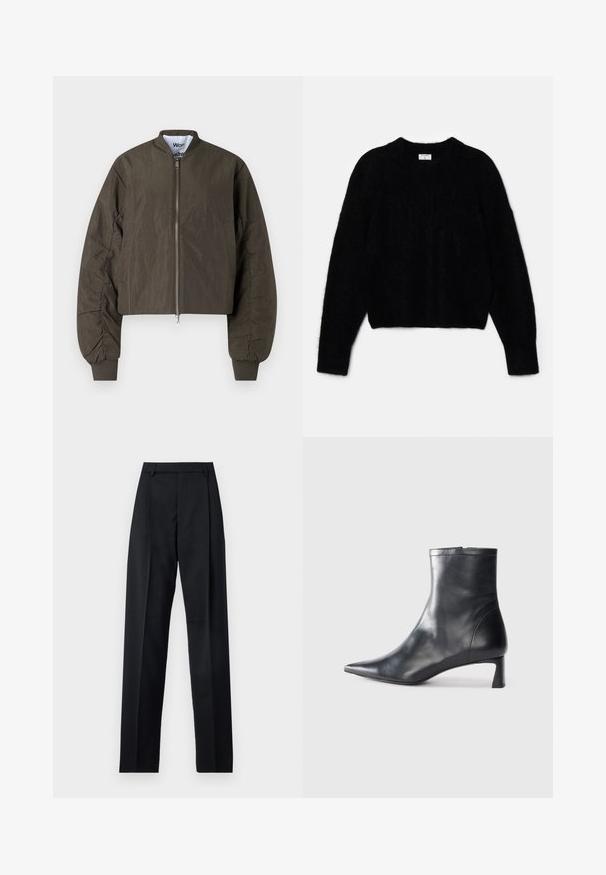 Won Hundred OPAL - Vinterjacka - black olive; Svart kortad tröja i fluffigt material. Har en rund halsringning och långa ärmar med en mjuk textur. Minimalistisk design, inga mönster.; Svarta byxor i mjukt tyg med hög midja, vida ben, framfickor och klassiska bältesöglor. Inga sidofickor synliga.; Svart läder ankelboot med spetsig tå och en smidig design. Har en låg klack och en dragkedjestängning bak. Slät textur.