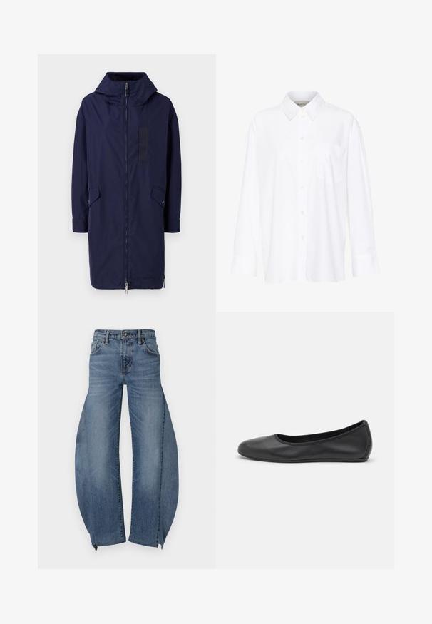 Tamnoplava kišna jakna s kapuljačom, punim zatvaračem, bočnim džepovima i pravokutnom velcro zakrpom sprijeda. Izrađena od glatkog, vodootpornog materijala.; Bijela košulja dugih rukava s kragnom, izrađena od pamuka. Ima kopčanje s gumbima sprijeda i jednu džep na prsima. Glatka tekstura, ležeran kroj.; Traperice svijetloplave nijanse, s ležernim, raznobranim dizajnom i pet džepova. Noge imaju jedinstven širok kroj na rubu.; Crne kožne baletanke s zaobljenim vrhom, glatke teksture, minimalnim detaljima šavova i fleksibilnim dizajnom potplata.