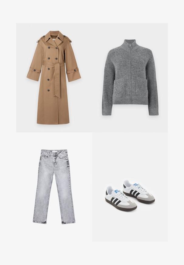 By Malene Birger ALAYA - Trenčkot - fosil; Sivý pletený kardigan s vysokým golierom, zipsom a dvoma prednými vreckami. Má jemnú textúru a rebrované manžety a lem.; Biely rebrovaný top bez rukávov s okrúhlym výstrihom, so strapatým lemom a hladkou, elastickou textúrou.; Šedé džínsy s rovnými nohavicami, s opotrebovaním, piatimi vreckami a meďou pokovovanými nitmi. Pás má štítok s logom.; Športové topánky s bielym koženým zvrškom, šedou semišovou špičkou a tromi čiernymi pruhmi. Obsahujú modré logo na jazyku a štruktúrovanú gumovú podrážku.