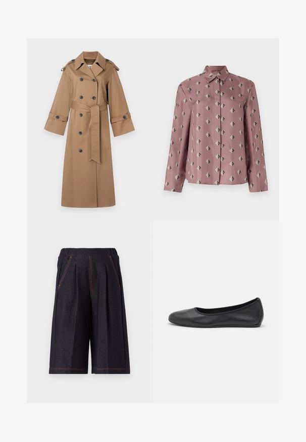 By Malene Birger ALAYA - Lietpaltis - fosil; Šviesiai rožinė mygtukinė marškiniai, pagaminti iš minkšto audinio, su geometrišku raštu, sudarytu iš deimantų ir trikampių, atspalvių pilkos ir juodos spalvos. Ilgos rankovės, klasikinis apykaklė.; Tamsiai pilki šortai, pagaminti iš minkštos medžiagos, su klostėmis ir oranžiniais siūlės akcentais. Elastinga juosmens juosta patogumui, iki kelių ilgis.; Juodai odiniai baletai su apvaliu pirštu, lygi texture, minimalus siuvimo detales ir lanksčiu padų dizainu.