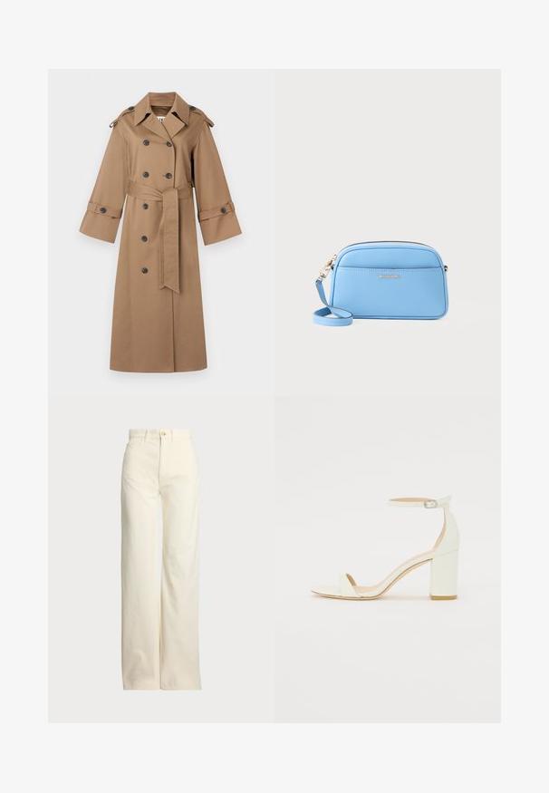 By Malene Birger ALAYA - Ballonkabát - fosil; Fehér ujjatlan pulóver sima pamutból, bordás szegéllyel és kis sötétkék logóval a bal alsó részen. Egyszerű dizájn, minta nélkül.; Polo Ralph Lauren COTTON CORDUROY WIDE-LEG PANT - Nadrágok - warm white; Fehér bőrsarkú szandál bokaankarral és csattal, minimális dizájnnal. Nyitott orrú és sima textúrákkal az egész felületen.; Világoskék bőr keresztpántos táska aranyszínű fémszerelvényekkel, cipzáras záródással és elülső zsebbel. Állítható pánttal rendelkezik a kényelmes viselet érdekében.