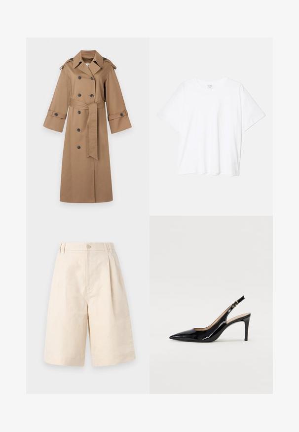 By Malene Birger ALAYA - Šineļveida mētelis - fosil; Balta kokvilnas T-krekls ar īsām piedurknēm, apaļu dekoltē, brīva piegriezuma un šūtu apakšmalu. Etiķete redzama iekšējā kakla daļā.; Beige linu džinsi ar brīvu piegriezumu, ar pogu aizdari, krokām un līdz ceļiem garumu. Gluda tekstūra un vienkāršs stils.; Melnas lakotās ādas slingback kurpes ar izteiktu degunu, šauru papēdi un smalku izgriezumu dizainu. Siksniņai ir zelta sprādze.