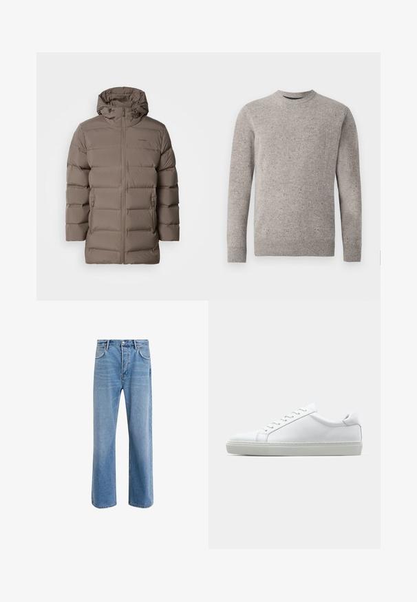 Braune gepolsterte Jacke mit Kapuze, ausgestattet mit einem Frontreißverschluss und seitlichen Taschen. Das Material wirkt glatt und hat ein gesteppte Design zur Isolierung.; Hellgrauer gestrickter Pullover mit Rundhalsausschnitt, langen Ärmeln und gerippten Bündchen und Saum. Strukturiertes Muster mit Farbklecksen.; Helle blaue Jeans im Geradeschnitt-Design, mit fünf Taschen, Knopfverschluss, minimaler Ausbleichung und kontrastierenden Nähdetails.; Weißer Sneaker mit glattem Lederobermaterial und niedrigem Profil. Verfügt über eine runde Zehenpartie, sechs Ösen und eine strukturierte Gummisohle.