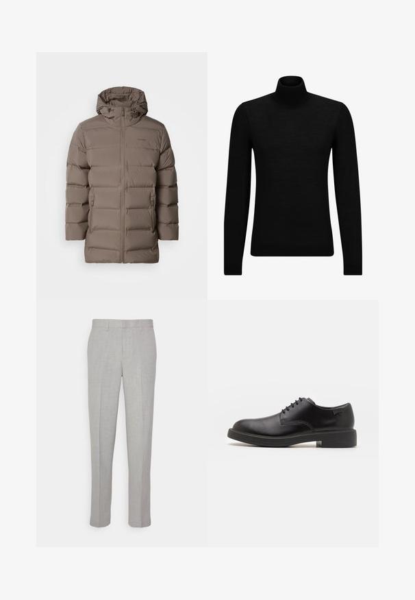 Pruun pehme voodriga jakk kapuutsiga, millel on ees lukk ja küljetaskud. Materjal paistab sile ja sellel on tikandiga muster isolatsiooniks.; Musthave muströid ja pehmest materjalist must turtleneck, millel on pikad varrukad ja tihe istuvus. Ribaga ääris allservas ja vöökohal. Lihtne disain.; Heledad hallid püksid sileda tekstuuriga, lame esiots ja sirged sääred. Valmistatud hingavast kangast, millel on sisepocketid ja vöölõngad.; Must beemel levalis kingad ümarate varvastega, sileda pinnaga, minimaalsete õmblustega ja madala kummist kontsaga. Logo kontsa peal.