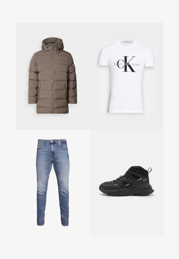 Brun fôret jakke med hette, med glidelås foran og sidelommer. Materialet ser glatt ut med et quiltet design for isolasjon.; Hvit bomull T-skjorte med svart "CK" logo og "Calvin Klein Jeans" tekst, korte ermer og klassisk rund hals.; Blå tettsittende jeans med fem lommer, falmet vask, knappelukking og beltehemper, vist mot en hvit bakgrunn.; Sorte tursko med en lagdelt design, teksturert stoff og gummisåle, med forsterkede områder og snøring foran.