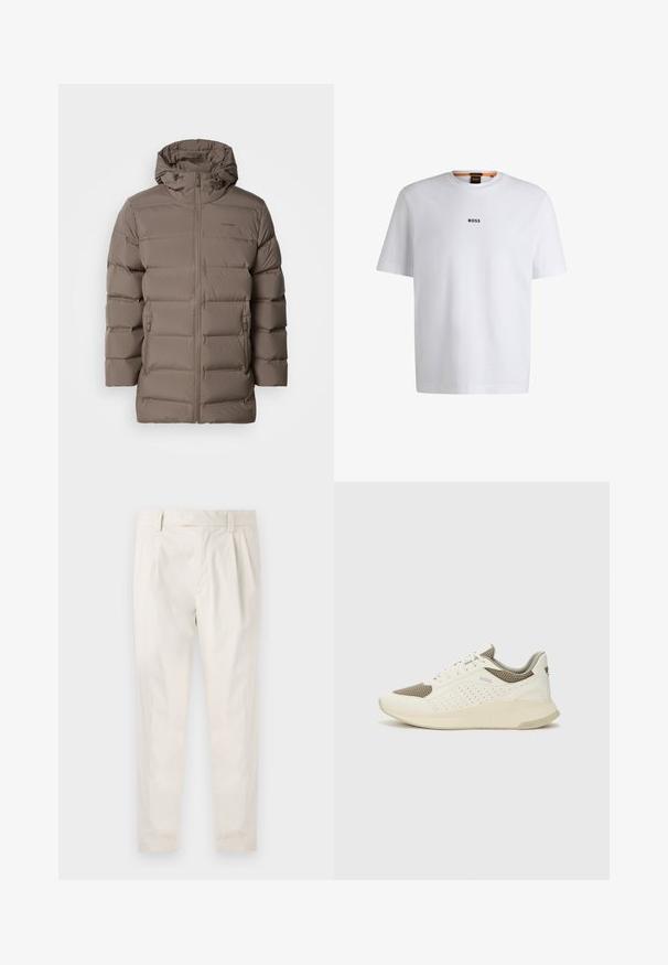 Bruine gewatteerde jas met een capuchon, voorzien van een rits aan de voorkant en zijzakken. Het materiaal lijkt soepel met een doorgestikt ontwerp voor isolatie.; Witte katoenen T-shirt met korte mouwen, voorzien van een zwart "BOSS"-logo in het midden van de borst en een ronde halsontwerp.; Witte, geplooide broeken met een getailleerde pasvorm, met een gladde textuur, riemlussen en taps toelopende benen. Geen zichtbare zakken of patronen.; Witte en lichtbeige sport sneaker, met een bovenwerk van mesh, geperforeerde details en een gestructureerde tussenzool met branding op de hiel.