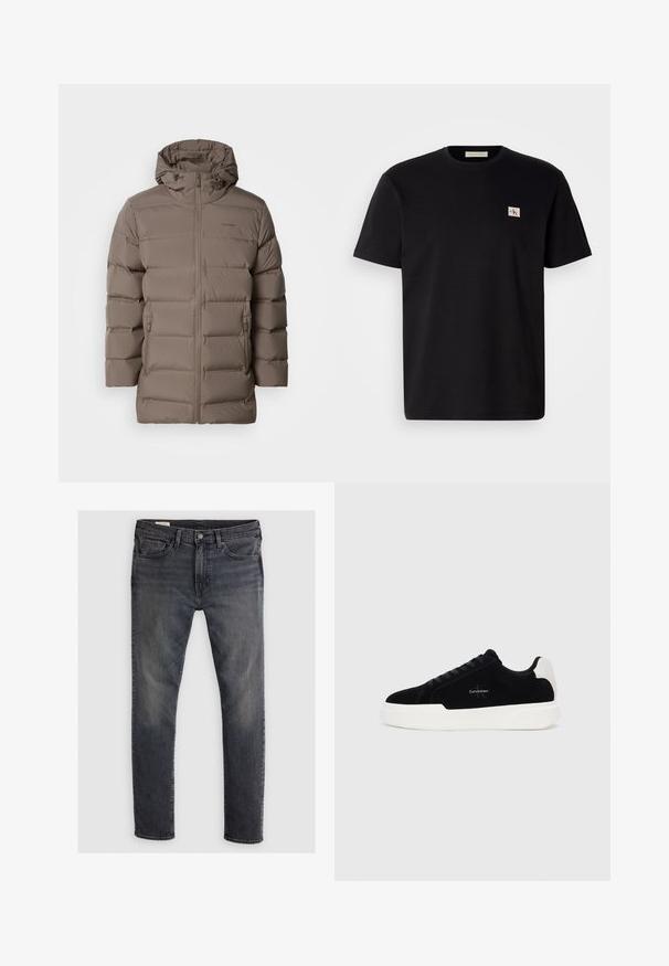 Barna, párnázott dzseki kapucnival, elülső cipzárral és oldalsó zsebekkel. Az anyag simának tűnik, párnázott mintázattal a szigetelés érdekében.; Fekete pamut póló rövid ujjal, kerek nyakkivágással, és egy kis hímzett logóval a bal oldali mellrészén. Sima tapintású, normál szabású.; Sötét farmernadrág egyenes lábakkal, cipzáras záródással, övhurkokkal és kopott hatással. Klasszikus 5 zsebes kialakítás réz kiegészítőkkel.; Fekete alacsony szárú sneaker fehér talppal és saroktabbal, fűzős elülső résszel és Calvin Klein logóval az oldalon.
