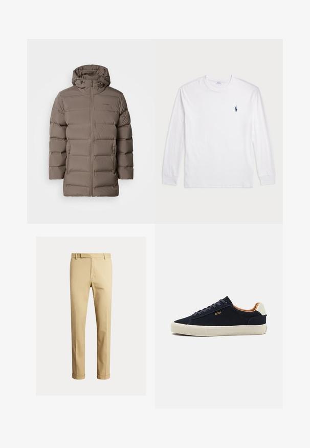 Giacca imbottita marrone con cappuccio, dotata di una zip frontale e tasche laterali. Il materiale sembra liscio con un design a trapunte per l'isolamento.; T-shirt bianco a maniche lunghe realizzato in cotone. Presenta un collo rotondo, polsini a coste e un piccolo logo in blu navy del polo sul lato sinistro del petto.; Chino kaki realizzati in morbido cotone, con un design aderente, pinces frontali e orli alla caviglia per un look affusolato.; Sneakers bassi in suede blu navy con suola beige, interno in contrasto color cammello e dettaglio del logo sul lato esterno. Dotati di lacci tondi e texture liscia.