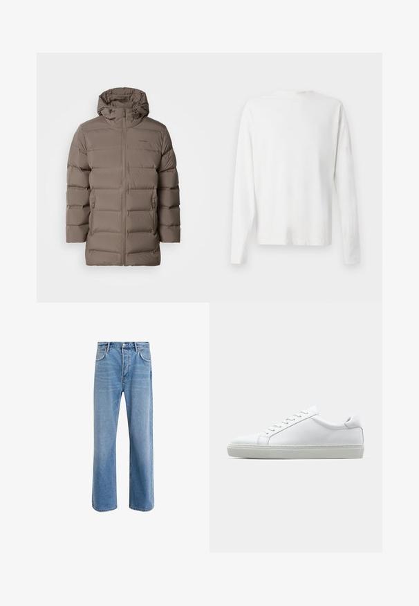 Veste matelassée marron avec capuche, dotée d'une fermeture à glissière avant et de poches latérales. Le matériau semble lisse avec un design matelassé pour l'isolation.; Chemise en coton blanc à manches longues avec un col rond, fentes latérales en bas et une texture lisse, présentée de dos.; Jeans en denim bleu clair avec une coupe droite, cinq poches, fermeture à bouton, peu d'usure et des détails de couture contrastés.; Sneaker blanche avec une tige en cuir lisse et un profil bas. Présente un bout arrondi, six œillets et une semelle en caoutchouc texturé.
