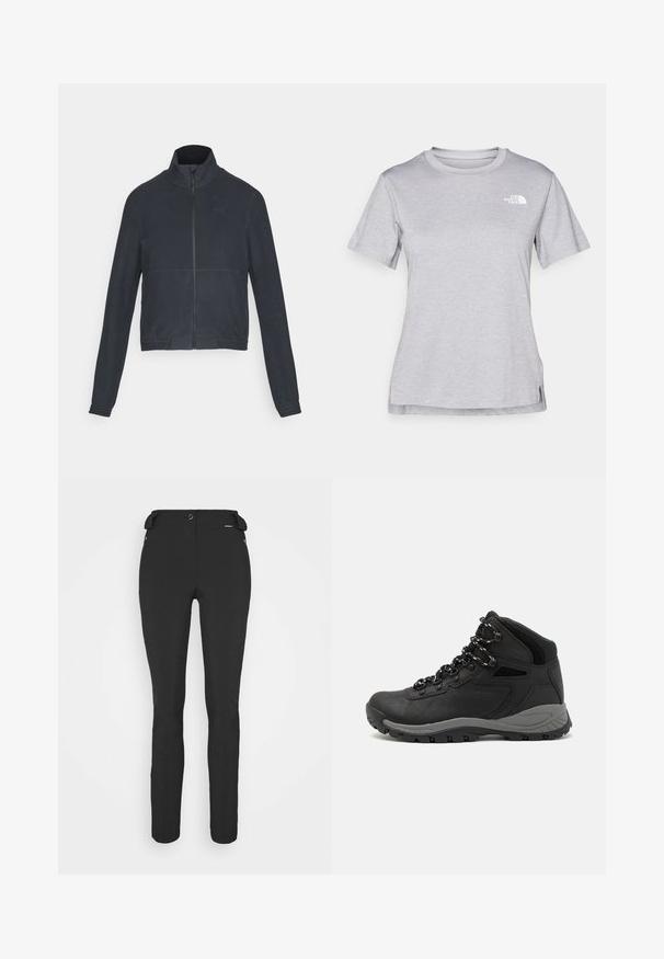Tmavošedá zipová bunda s vysokým golierom, priliehavým strihom, rebrovanými manžetami a hladkou textúrou. Obsahuje jemné švy a logo.; Sivý tričko s krátkym rukávom vyrobené z jemného, vlhkosť odvádzajúceho materiálu. Obsahuje okrúhly výstrih a malé biele logo na hornej ľavej strane.; Čierne, priliehavé nohavice vyrobené z flexibilného materiálu. Medzi vlastnosti patrí zipsová bočná vrecko, tvarované kolená a hladký povrch.; Čierna turistická obuv s polovičným strihom, s textúrovaným zvrškom, šedými akcentmi a odolnou gumovou podrážkou s protišmykovými hrebienkami.