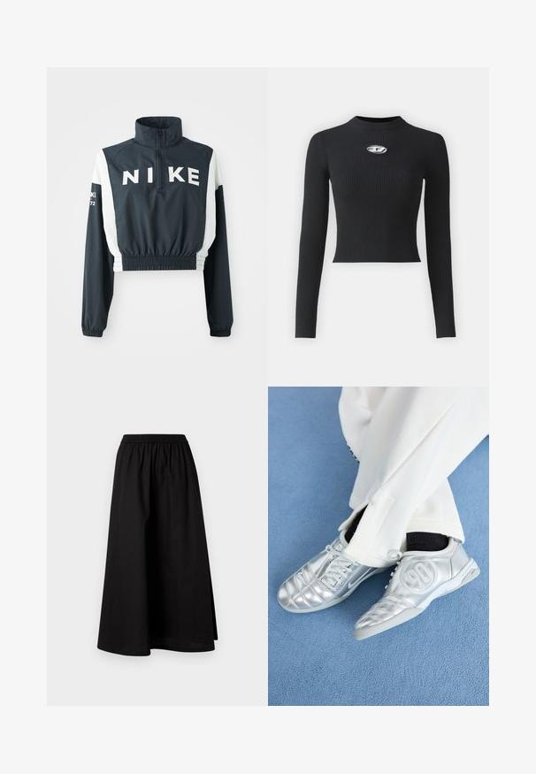 Nike cropped jakke med høy krage, mørk marineblå kropp, hvite ermer, elastisk kant, stort logo på fronten, og små tekstdetaljer på ermer.; Svart ribbet langermet topp med en tettsittende silhuett og rund halslinje. Har et sentralt sølvfarget detalj. ; Svart, knelengde skjørt laget av lett materiale med elastisk midjebånd og en avslappet, A-line silhuett. Har ingen synlige mønstre.; Sølv atletikksko med en glatt, skinnende overflate, med et sydd design og tallet 90 på siden, kombinert med hvite bukser.