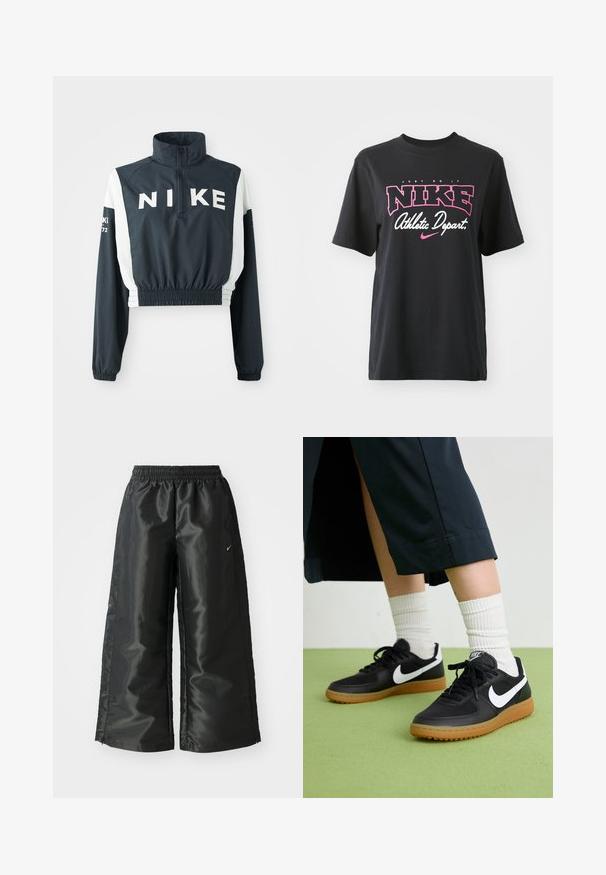 Nike kort jacka med hög krage, mörk marinblå kropp, vita ärmar, elastisk nederkant, stort logotyp framtill och små textdetaljer på ärmarna.; Svart bomulls-T-shirt med ett grafiskt tryck i rosa och vitt med texten "JUST DO IT", "NIKE" och "Athletic Depart." Standard passform.; Svarta träningsbyxor i ett glänsande, slätt tyg, med en elastisk midja, vida ben och en liten logotyp på vänster sida.; Svarta läder- och syntetiska sneakers med vit Nike-logga, gummisula, rund tå och svarta snörningar. Ribbad vit strumpor synliga.