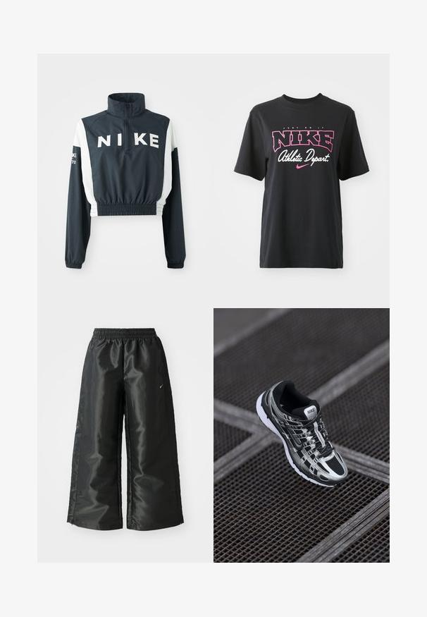 Nike cropped jakke med høy krage, mørk marineblå kropp, hvite ermer, elastisk kant, stort logo på fronten, og små tekstdetaljer på ermer.; Svart bomulls T-skjorte med grafisk trykk i rosa og hvitt med teksten "JUST DO IT," "NIKE," og "Athletic Depart." Standard passform.; Svarte treningsbukser med en blank, glatt stoff, som har et elastisk liv, vide ben og en liten logo på venstre side.; Nike løpesko med svart og sølv fargepalett, mesh-overdel, teksturert såle og snøring for en sikker passform.